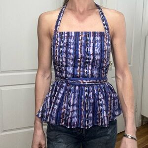 Amanda Uprichard Sleeveless Blue Peplum Halter Top